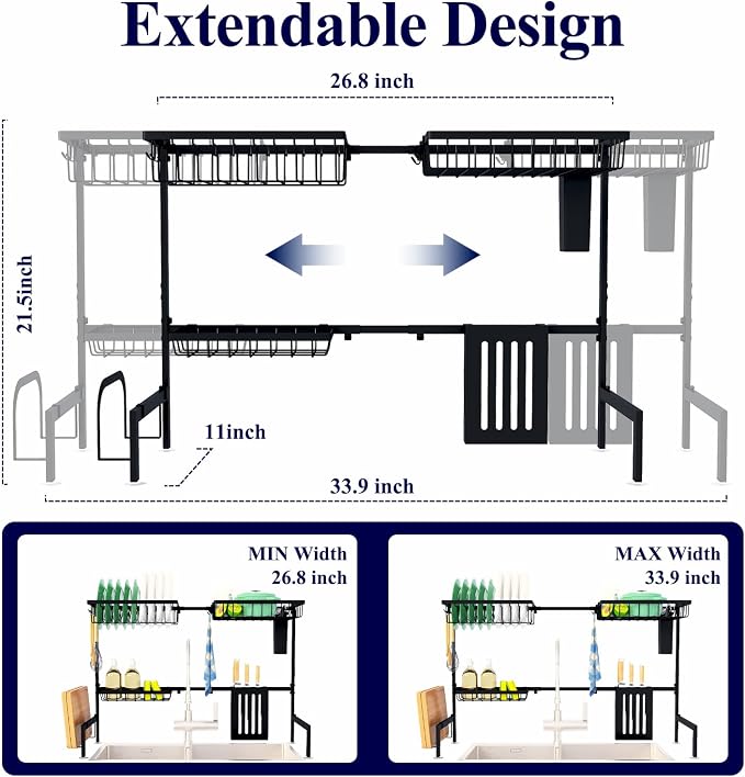 Kitsure Over The Sink Dish Drying Rack - 26.8" to 33.9"x21.5", Adjustable Sink Drying Rack for Kitchen Sink with Large Capacity, 2-Tier Dish Rack Over Sink with Multifunctional Baskets, Black