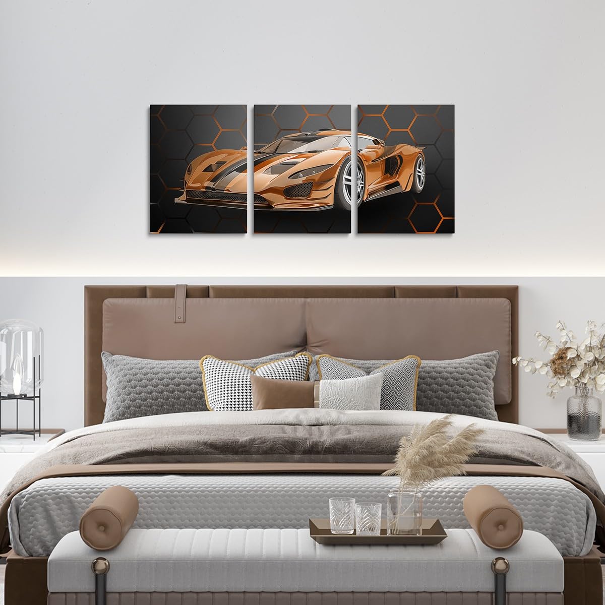Feelyou Race Car Canvas Wall Art Honeycomb Speed Sports Car Office Wall Artwork Posters Orange Extreme Sports Bathroom Wall Art for Home Decor 12"x16" 3 Piece Hexagon Theme Wall Painting