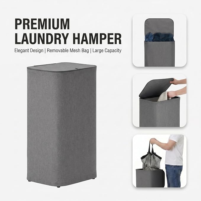 DOKEHOM 100L Laundry Hamper with Lid, Large Collapsible Laundry Basket with Removable Mesh Liner Bag, Collapsible Clothes Sorter for Bedroom, Bathroom, College Dorm, Dark Grey