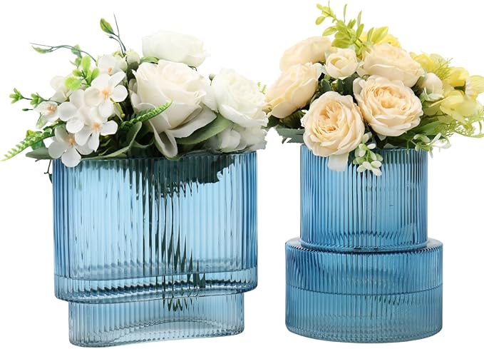 Blue Glass Vases, Set of 2 Ribbed Vases for Flowers, Blue Vase for Tulips, Modern Glass Vase for Living Room, Dining Table, Office, Entryway, Mantle, Bookshelf, Wedding Gifts