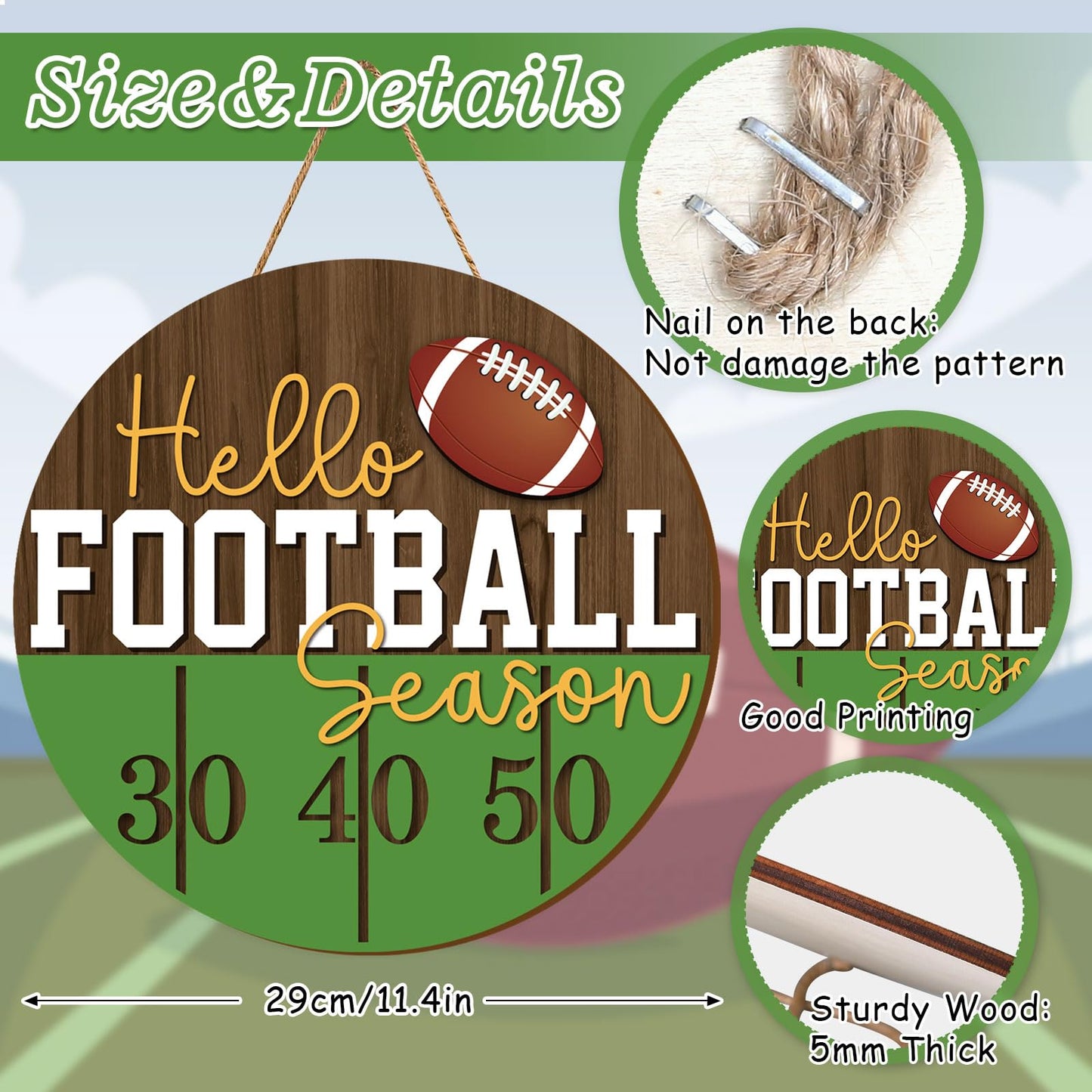 Whaline Football Wooden Hanging Sign Hello Football Season Wall Plaque Sports Game Welcome Wreath Sign Door Hanger for Farmhouse Home Wall Window Porch Tabletop Party Decor Supplies,11.4 Inch