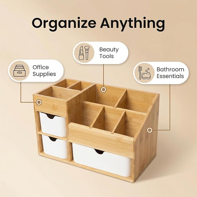 Bamboo Makeup Organizer with 3 Drawers, Dresser Cosmetic Organizer Box,Bamboo Desk Organizer for Home with Adjustable Dividers（11.5x5.4in）