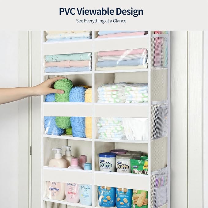 Yecaye Over The Door Organizer, 5 Tier Extra Large Behind Door Storage of 10 Compartments, 80lbs Heavy Duty Door Organizer Hanging with Clear Window for Closet Bedroom Pantry Bathroom, Beige