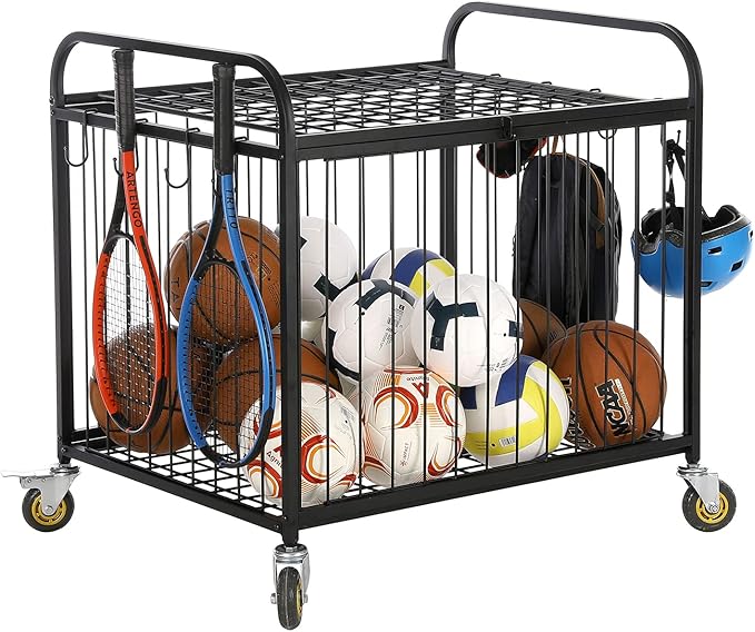 MyGift Large Capacity Metal Rolling Multi Sports Ball Cage Storage Hopper, Gym Equipment Basket Cart with Lockable Latch, Heavy Duty Caster Wheels, and 8 Accessory Hooks