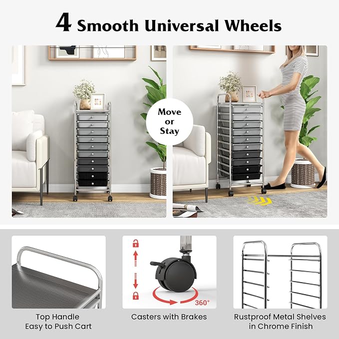 Giantex 10-Drawer Storage Cart w/Universal Wheel, Rolling Cart w/Handle, Home Organizer Storage Unit w/Removable Drawers, Trolley Utility Cart for Kitchen Makeup Living Room Office Play Room