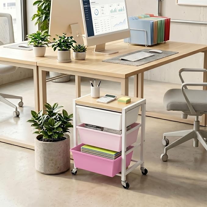 Rolling Cart with 3 Drawers, Plastic Drawer Storage Carts with Lockable Wheels & Wooden Tabletop, Metal Art Craft Utility Cart Organizer for Home Office Bedroom Dorm Bedside Classroom, Bright Pink