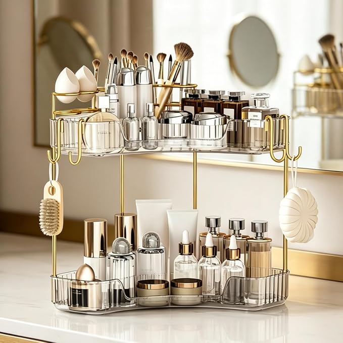 2-Tier Corner Bathroom Counter Organizer，Makeup & Skincare Shelf with Built-in Brush Holder，Space-Saving Bathroom Countertop Organizer for Skincare, Perfume, Cosmetics(Clear)