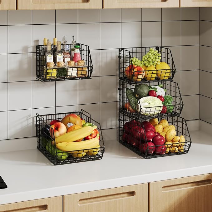 2-Tier Stackable Wire Baskets for Counter, Potato and Onion Storage Bin, Fruit and Vegetable Storage Bins with Ventilated Mesh，Kitchen Pantry Organizer - Wall Basket for Produce/Snack/Can, Black