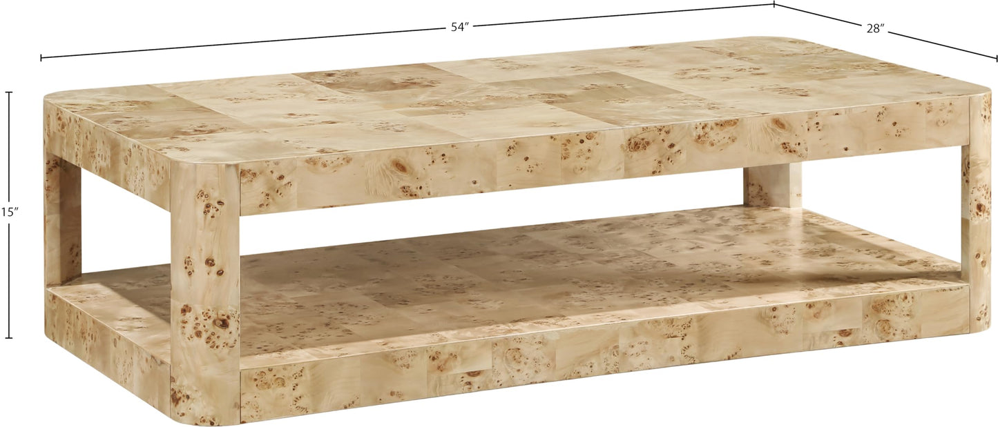 Meridian Furniture 99068Burl-CT Reeves Collection Art Deco Coffee Table with Rich Burl Finish, Burl Veneer, Mix of Solid Wood and MDF, 54" W x 28" D x 15" H, Beige