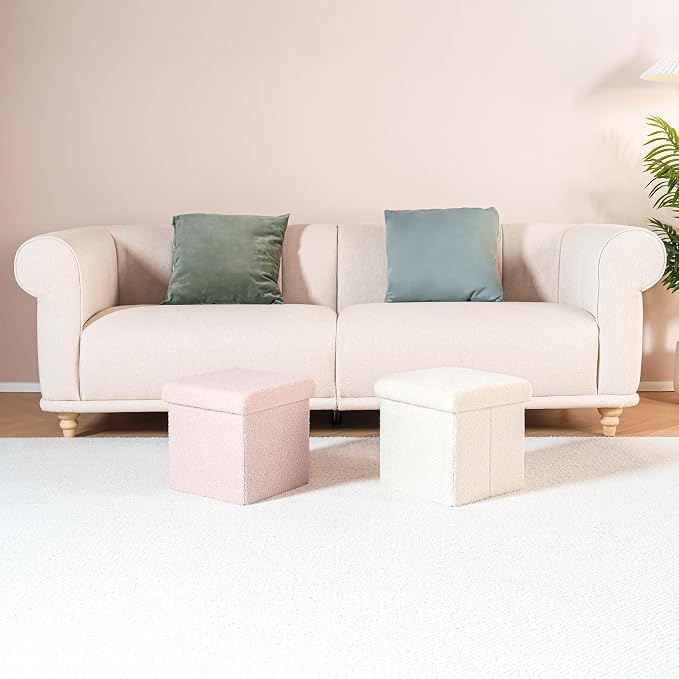 B FSOBEIIALEO Small Storage Ottoman Cube Sherpa Ottomans Foot Rest, Foldable Boucle Ottoman, Faux Teddy Fur, Cream White 12.6"x12.6"x12.6"