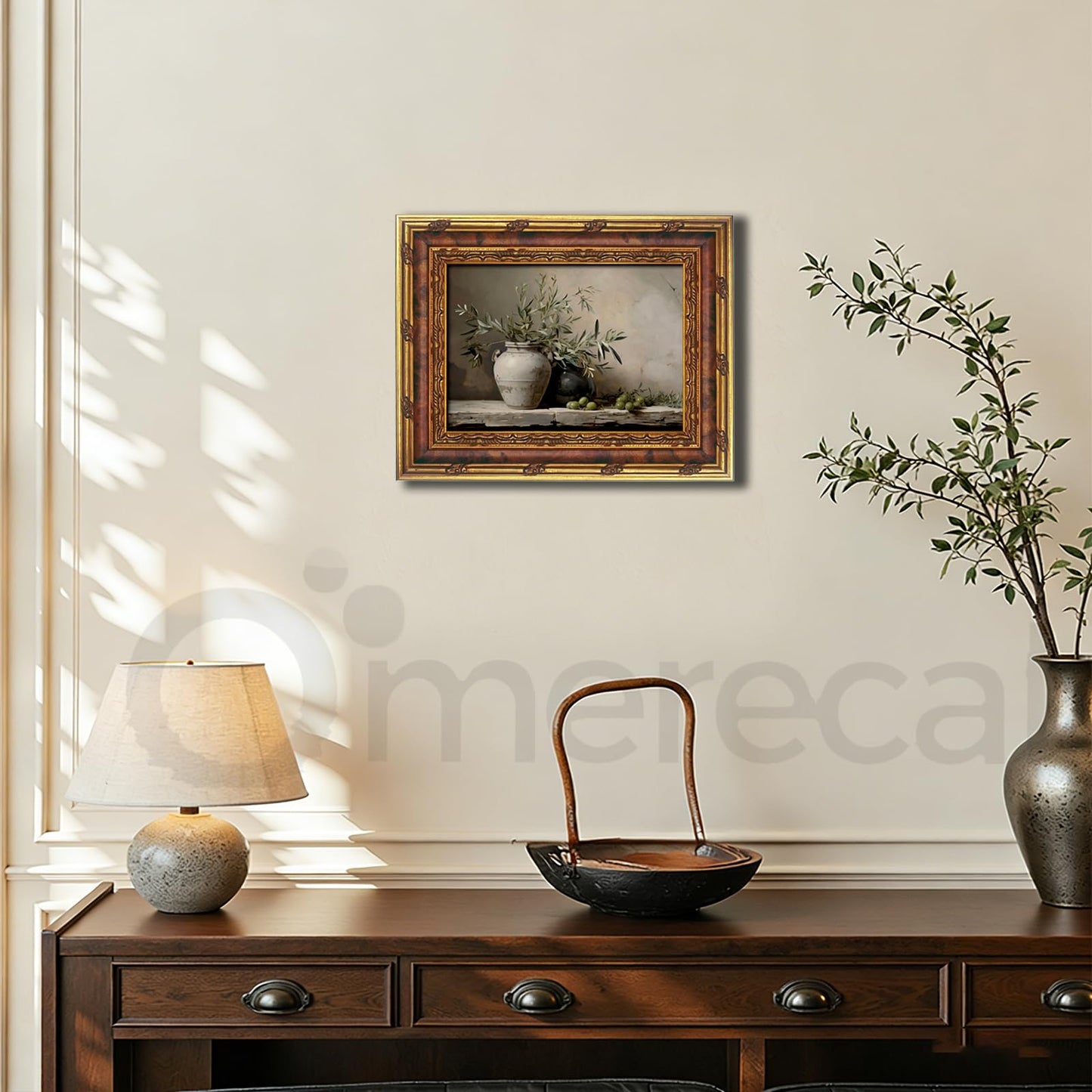Vintage Gold Framed Olive Tree Wall Art, Rustic Potted Plant Paintings Prints Farmhouse Art Prints for Living Room Bedroom Bathroom (Framed 8X10)
