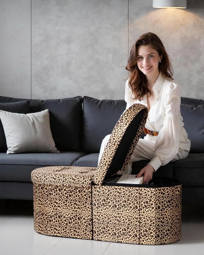 AmasSmile Footrest Ottoman Bench with Storage,34Inch Footstool, Coffee Table, Padded Seat, Storage Chest,Blanket Store with Flipping Lid for Livingroom and Bedroom (Leopard Print(Velvet))