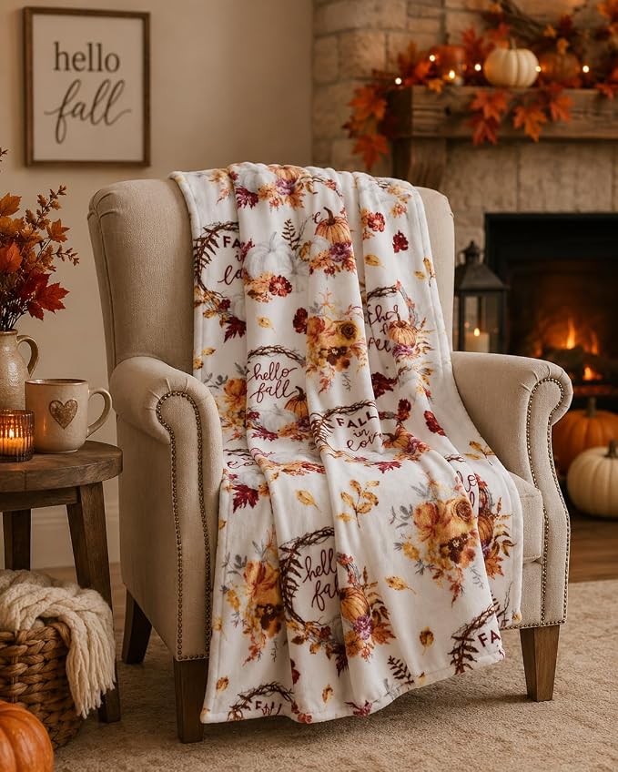 Serafina Home Fall Fleece Throw Blanket: Soft Harvest Hello Fall Pumpkin Floral Design, Autumn Colors on White, 70" x 50"
