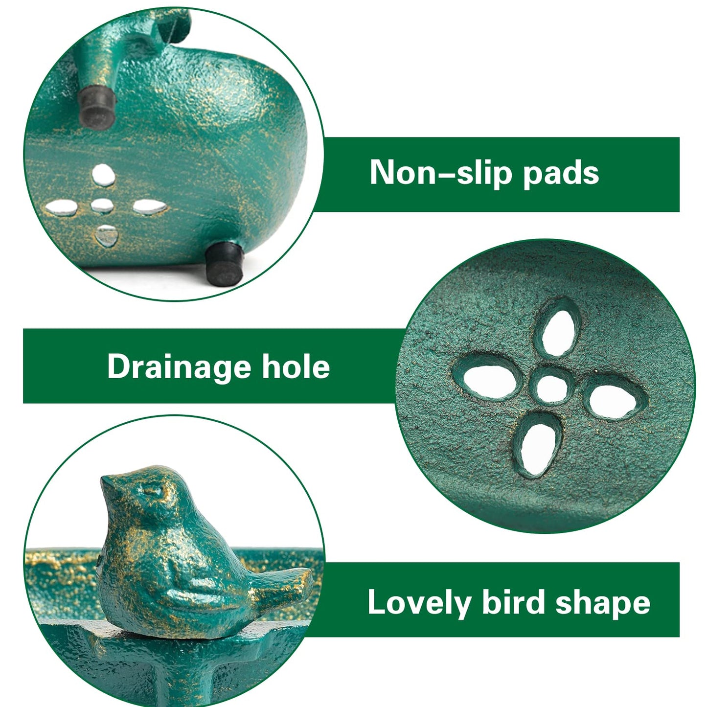 Sungmor Heavy Duty Cast Iron Hand Soap Holder - Lovely Bird Shaped & Antique Green Finish - Decorative Tabletop Soap Dish Tray for Kitchen Bathroom Sink - Practical Bath Soap Box Container