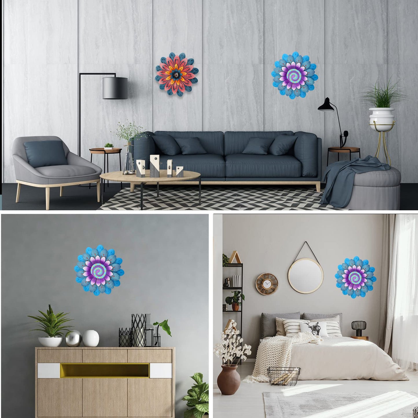 LITIALLY Outdoor Metal Flower Wall Art Garden Decor Cute Flowers Decorations Hanging for Outside Yard Porch Lawn Blue 12x12 inches
