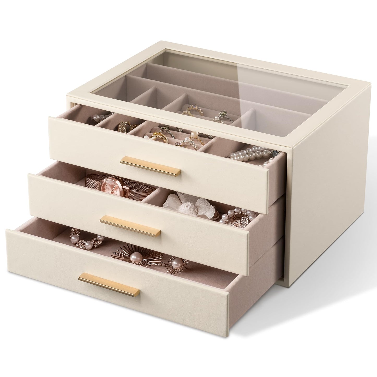pickpiff Jewelry Box Organizer Case for Women: 3-Layer Jewelry Storage Case with Glass Window, Ivory Leather with Pink Velvet, Holder for Ring Necklace Bracelet Brooch Watch, Great Gift for Her
