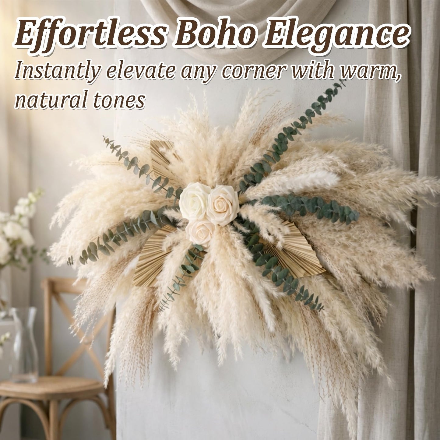 36-38" Large Pampas & Eucalyptus Wall Decor, DIY Artificial Roses & Natural Dried Boho Hanging Flowers for Wall, Mirror, Wedding Arch, Entryway Decor, Gift, Requires Assembly & Easy Install