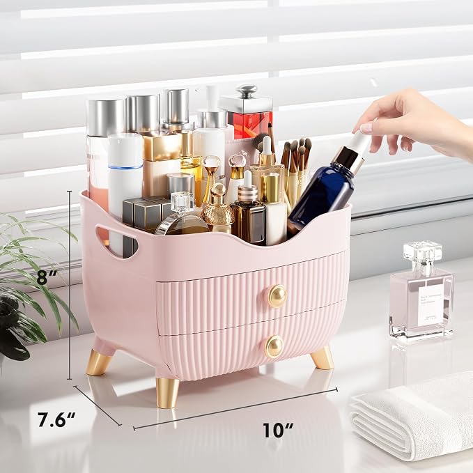 Makeup Organizer Countertop, Large Capacity Skincare Cosmetic Organizer for Vanity with 2 Drawers, Cosmetic Display Cases Makeup Storage Box for Bedroom, Bathroom, Ideal Gifts for Women(Pink)
