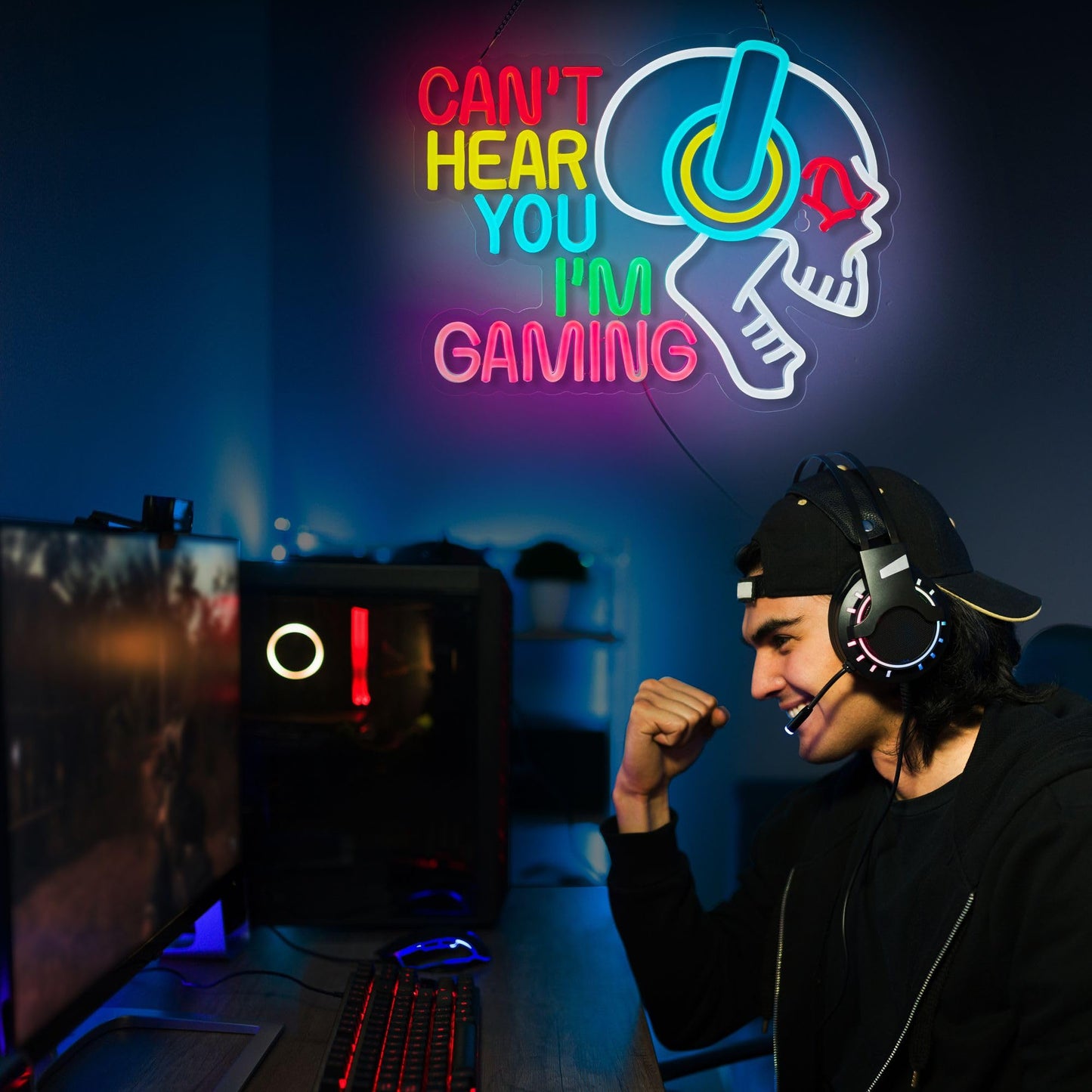 Gaming Neon Sign Can't Hear You I'm Gaming Skull Gamer LED Light Bright USB Powered Light up Game Signs with dimmer for Game Zone Video Room Boy Bedroom Wall Decor Compatible with Timer
