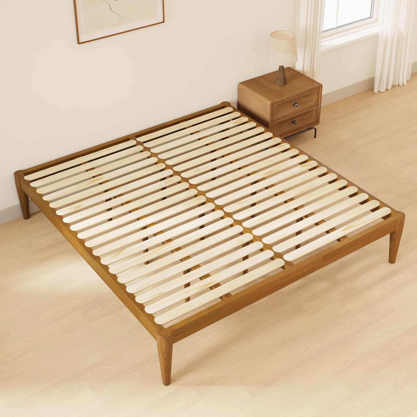IOTXY King Platform Bed Frame - Solid Wood 16-Inch Height Mattress Foundation Base with Densely Slats and Heavy-Duty Support Legs, No Box Spring Needed, Teak