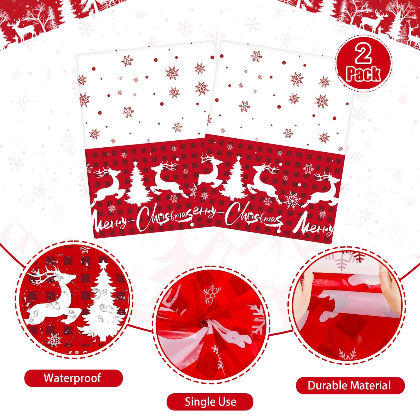 ORNALES Winter Christmas Tablecloths - 2-Pack, Winter Themed with Reindeer and Snowflakes, Disposable Plastic Tablecloths 54" x 108", Ideal for Indoor and Outdoor Christmas Party Decorations