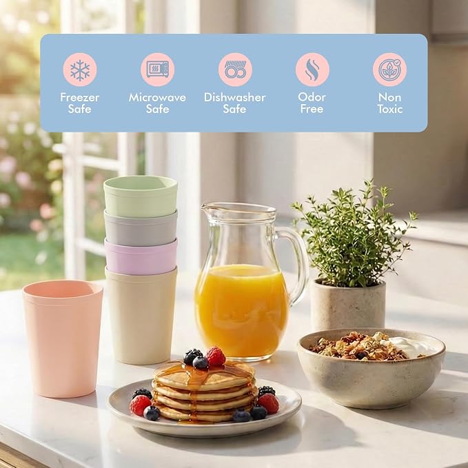 MASTERCOOK 6 Pcs. Small Reusable Cups –8 oz Unbreakable Drinking Glasses -Toddler Cups for Water, Juice, Milk–BPA Free Stackable Tumblers Plastic Cup set for Kitchen, Picnics, Parties- Kid-Friendly