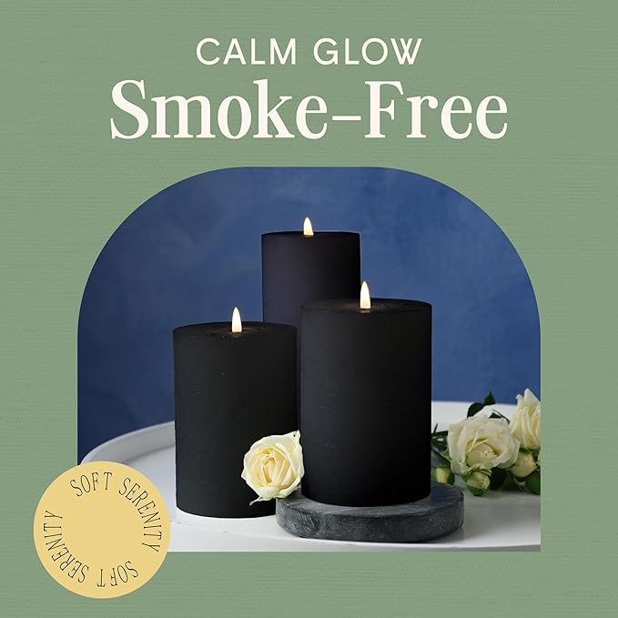 Mister Candle Dripless Unscented Pillar Candles, Set of 3 Hand Poured Black Pillar Candles, Solid Color for Home Decor, Premium Wax, 8 0 Hr Burn Time, 3x6 Inch