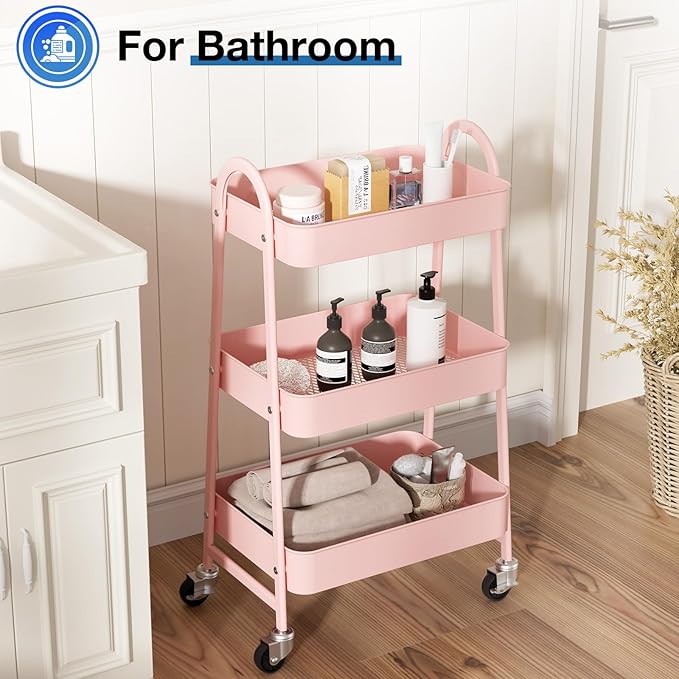 OLIXIS Metal Utility Cart, Mobile Rolling Storage Shelf with Lockable Caster Wheels, Organization for Livingroom, Bathroom & Narrow Places, 3 Tiers Pink