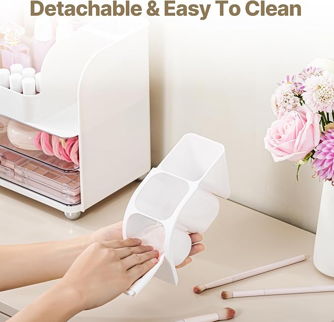 Makeup Organizer with Brush Holder, Makeup Organizer Countertop with 2 Drawers, Make up Organizers for Vanity, Vanity Organizer, Makeup Storage For Skin Cares,Makeup Brushes,Lipsticks,Perfumes(White)