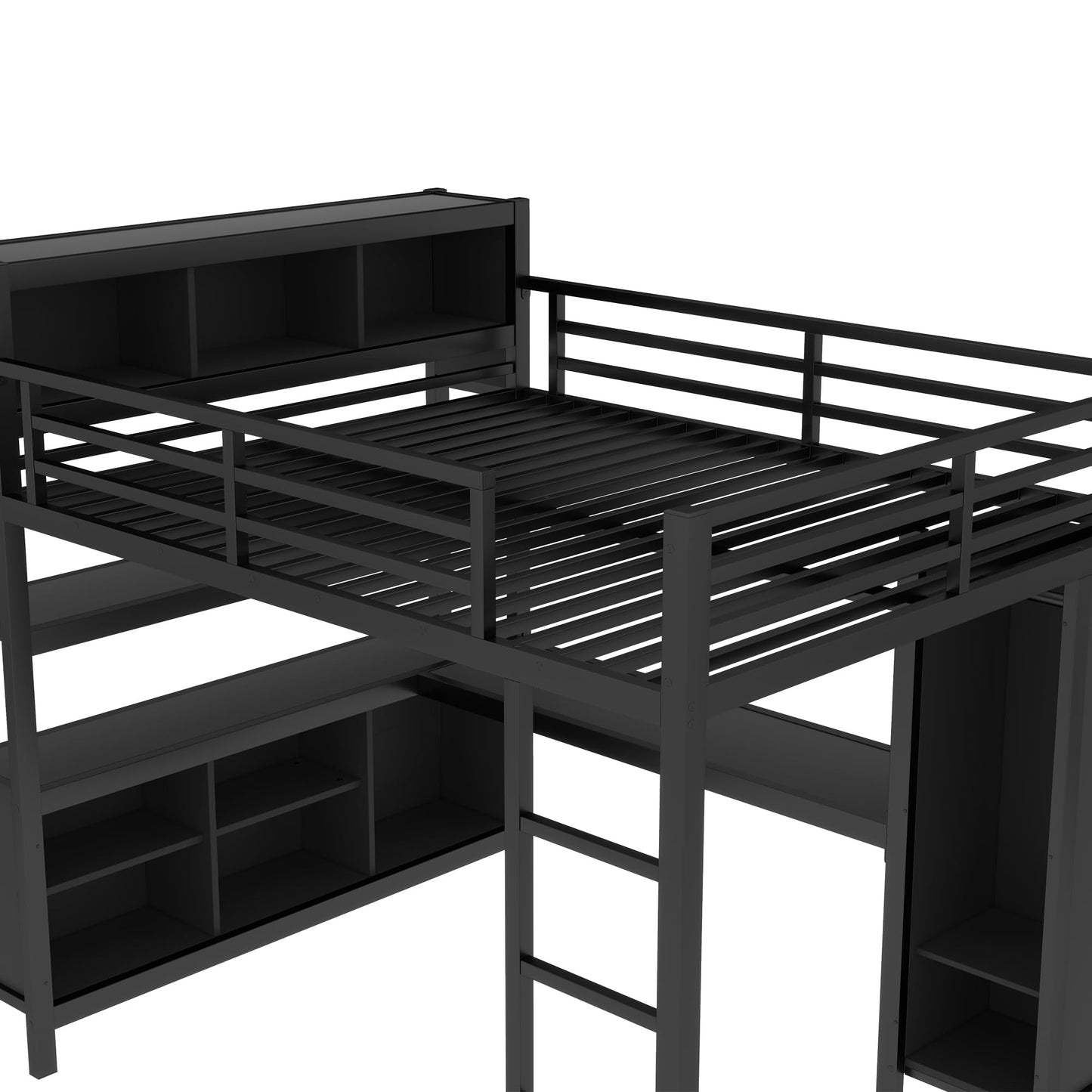 Queen Loft Bed with Wardrobe and Storage Cubes, Queen Size Loft Bed with Desk, Storage Shelf and Guardrail, Queen Size Loft Bed for Adults, Teens, Kids, Black