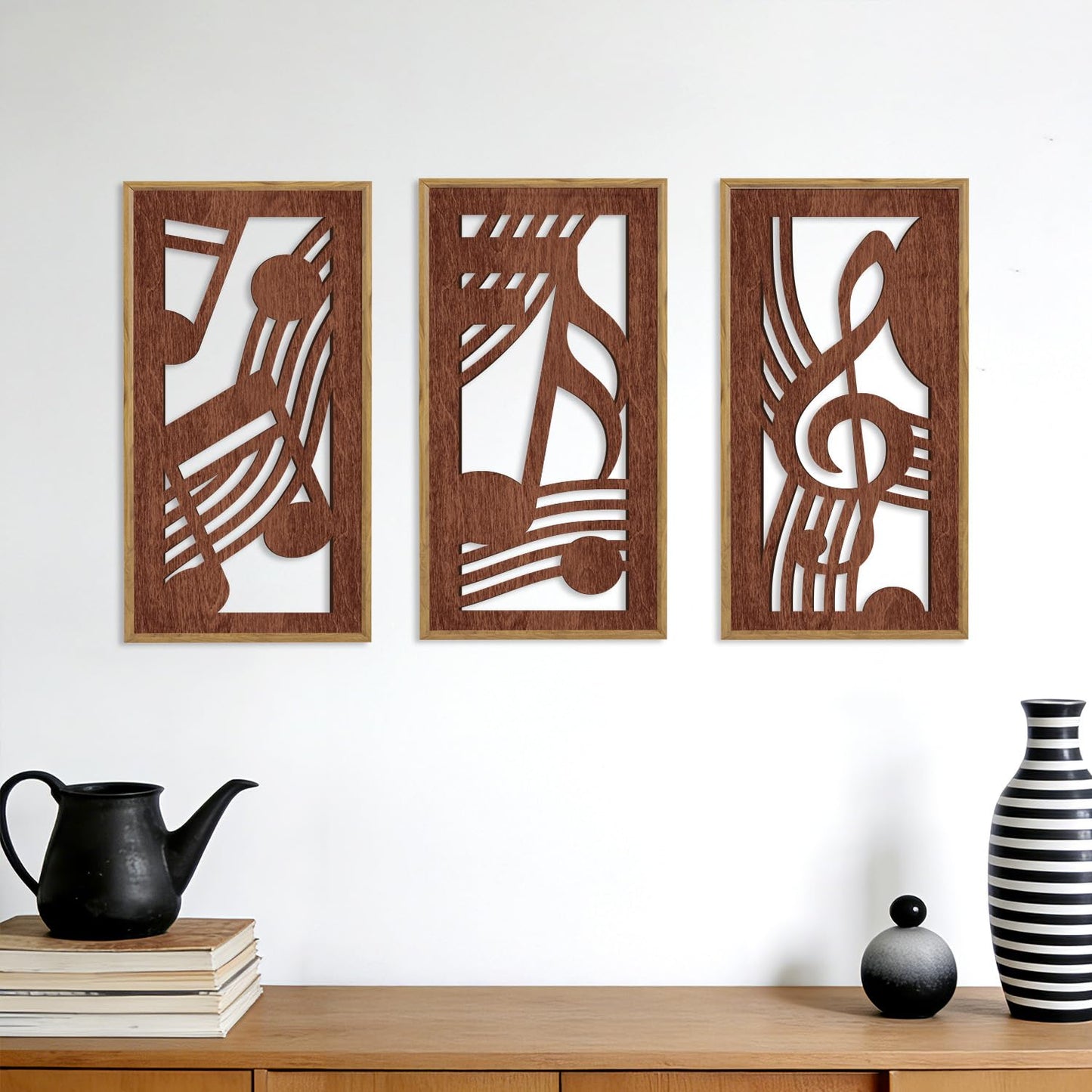 HPNIUB 3PCS Rustic Musical Symbols Wall Decor, Modern Music Theme Wood Sign Artwork, Minimalist Piano Strings Musical Note Wall Hanging Plaque for Living Room Music Studio Apartment(8x16Inch)