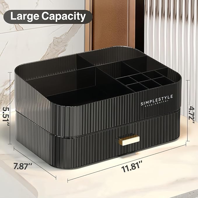 Makeup Organizer for Vanity, Large Desk Organizer with Stackable Drawer for Cosmetics, Skincare, Lipsticks, Palette, Nail Care, Ideal Storage for Dresser and Bathroom Countertop- Black