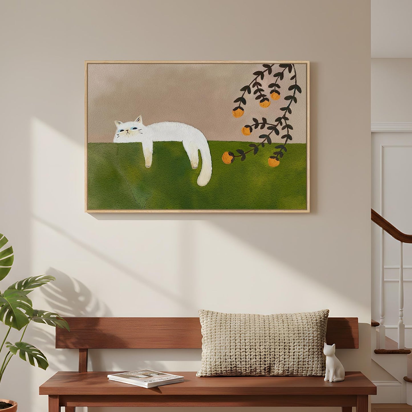 Framed Neutral and Green Wall Art for Bedroom Decor, Large Cozy Cat Canvas Painting Artwork for Room Walls, Green Picture Print for Dining Room Nursery Guest Room Hallway Wall Art Decor, 24x36 Inch