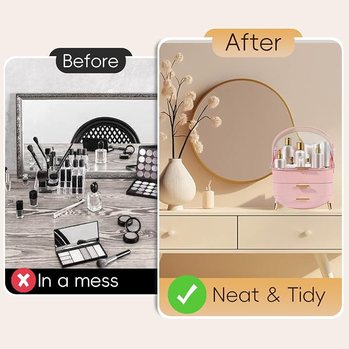 lurcns Vanity Organizer with Lid and Drawers, Beauty Skin Care Storage for Countertop, Birthday Gift for Teen Girls, 10 11 12 13 14 15 16 17 18 Year Old Girl Gifts, Pink Makeup Holder for Dresser | for Vanity