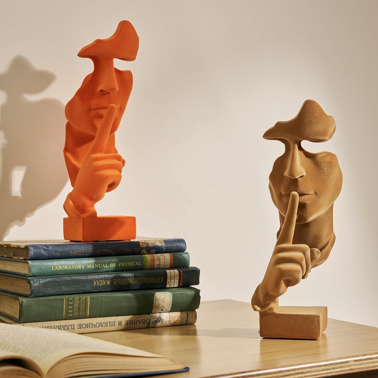 FOLKOR LIFE Velvet Flocked Thinker Sculpture for Room Decor, Flocked Mask Collectible Figurines Modern Abstract Art Statue for Home, Bookshelf, Office, Desk Decor (Orange)