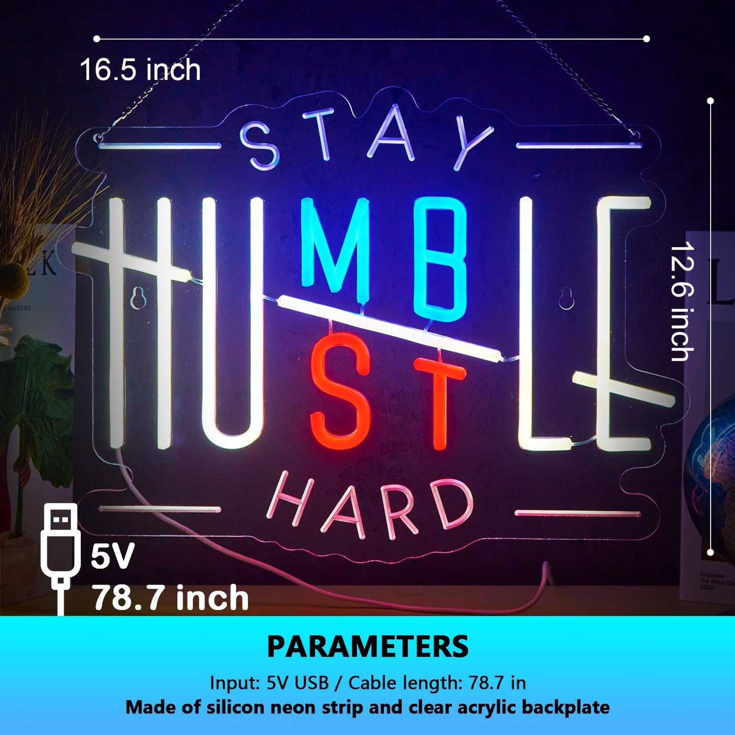 Hustle Neon Sign Humble Neon Sign for Wall Decor Stay Humble Hustle Hard USB Dimmable LED Neon Lights for Boys Girls Room Office Gameroom Men Cave Holiday Birthday Christmas Gift