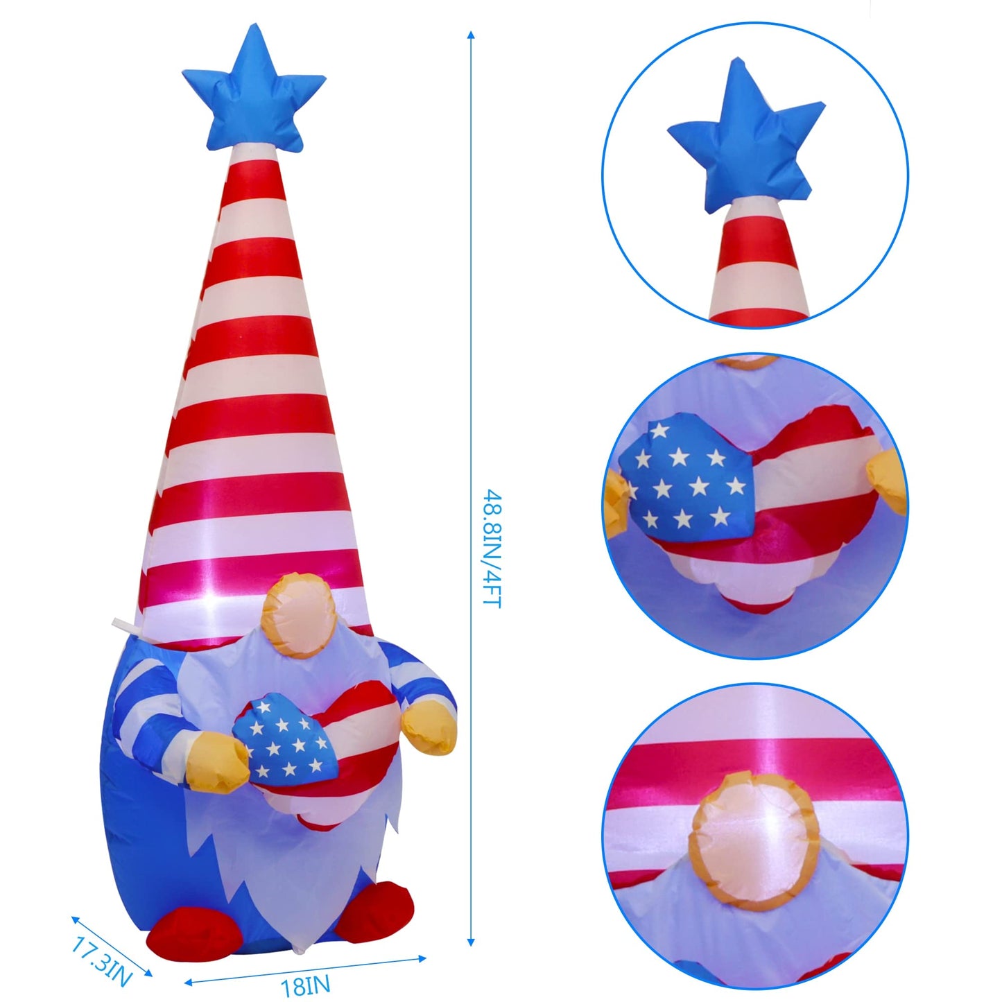 Juegoal Patriotic Independence Day Inflatable, 4FT Blow Up Gnome, 4th of July Outdoor American Uncle Sam, Lighted Tomte Elf with Top Hat for Lawn Yard Home Veterans Day Celebration Garden Decor