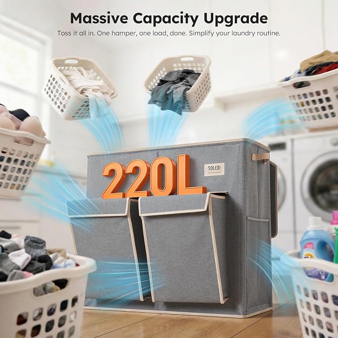 SOLEDI 220L Laundry Hamper 3 Section,Extra Large Laundry Basket with Lid and 2 Side Pockets, Dirty Clothes Hamper with Removable Bag Easy to Carry for Laundry Room, Bedroom, Bathroom, Grey