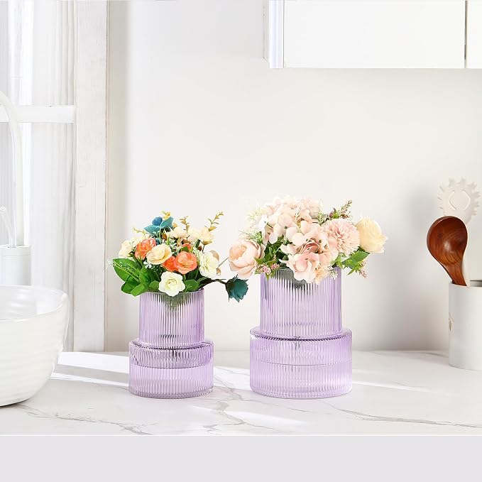 Ribbed Glass Vases for Bouquet, Set of 2 Purple Vases for Flowers, Purple Glass Vase for Tulips, Modern Vase for Living Room, Office, Coffe Table, Dining Table, Shelf, Wedding