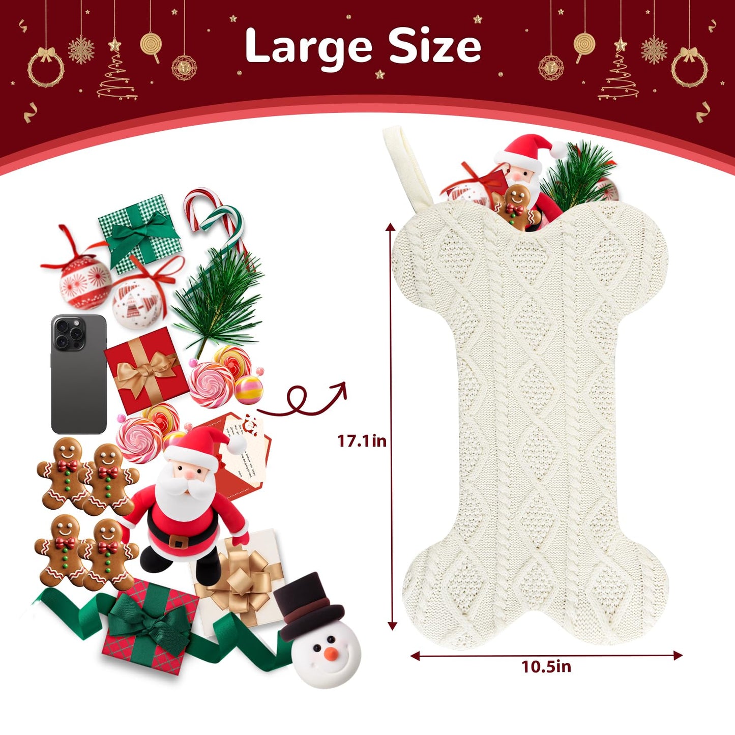 KCFESTIHUE Christmas Stocking, Large Dog Bone Shape, Super Soft Cable Knit Pattern, 18", Fireplace Hanging Holiday Decoration, Knitted Xmas Stockings for Pets, Family Party Décor, White