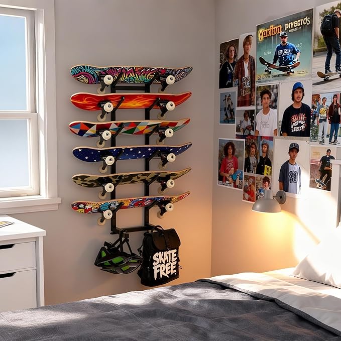 BiJun Skateboard Racks Floor Stand, 6-Layer Skateboard Wall Mount,Snowboard Storage Rack, Skateboard Organizer Floor Stand for Deck, Longboard, Snowboard, Standard Skateboards, Mini Cruiser Skateboard