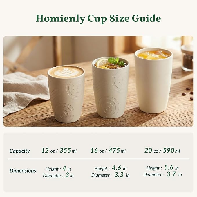 Homienly Plastic Cups Alternative 12oz - Wheat Straw Cups Set of 6 Reusable & Unbreakable Drinking Glasses Dishwasher & Microwave Safe Cups for Everyday Use-Beige