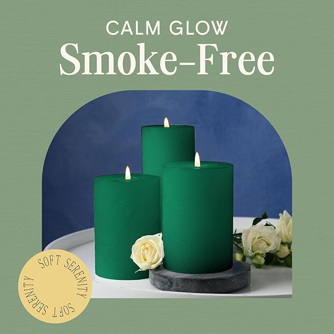 Mister Candle Dripless Unscented Pillar Candles, Set of 3 Hand Poured Hunter Green Pillar Candles, Solid Color Non-Scented Candles for Home Decor, Premium Wax, 80 Hr Burn Time, 3x6 Inch
