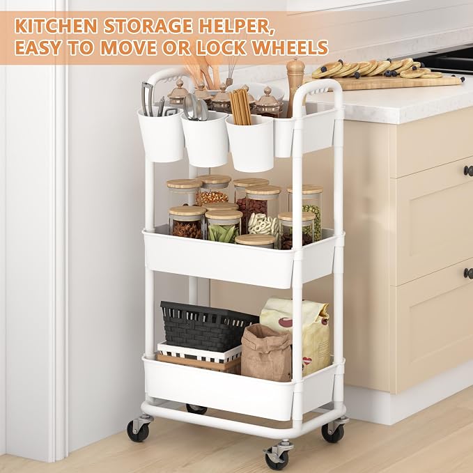 JIUYOTREE 3-Tier Plastic Rolling Storage Cart Utility Cart with Extra Hanging Cups Handles Lockable Wheels for Living Room Bathroom Kitchen Office White
