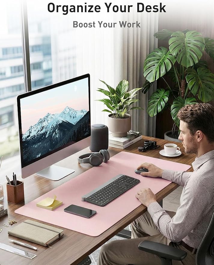 Aothia Faux Leather Desk Mat - Non-Slip PU Leather Desk Blotter, Waterproof Writing Surface, Large Desk Pad for Office & Home (Fairy Pink, 55" x 24")