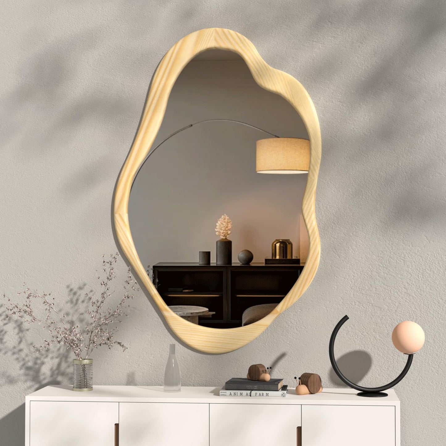 osemy 42"x 28" Irregular Wall Mirror, Natural Wood Framed Wall Mirror, Asymmetrical Wall Wavy Mirror for Living Room Bedroom Entryway Bathroom Modern Decorative Cloud Mirror Hanging Hooks