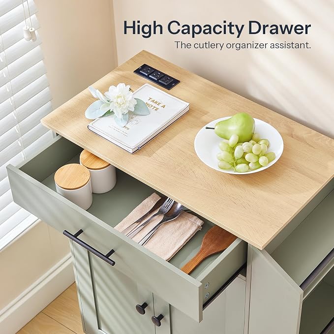HOOBRO Kitchen Island with Power Outlet, Storage Island with Spice Rack and Drawer, Rolling Kitchen Cart on Wheels, for Home, Dining Room, Natural and Green JN82UZD01G1