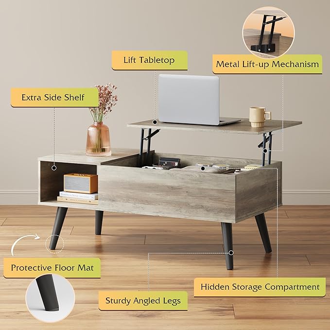 WLIVE Coffee Table for Living Room, Lift Top Coffee Table with Storage, Small Rising Wooden Dining Center Table with Storage Shelf & Hidden Compartment, 39" Greige