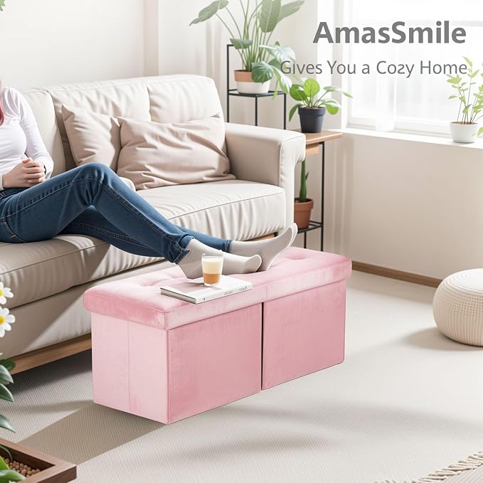 AmasSmile Footrest Ottoman Bench with Storage,34Inch Pink Velvet Footstool, Coffee Table, Padded Seat, Storage Chest,Blanket Store with Flipping Lid for Livingroom and Bedroom