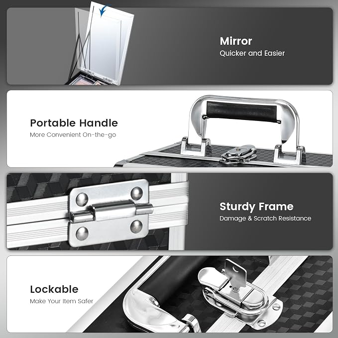 Joligrace Makeup Box Cosmetic Train Case Portable Makeup Organizer Case with Mirror 2 Tray Make up Storage Case for Nail Teach Craft Sewing Travel Vanity Modern Style Black